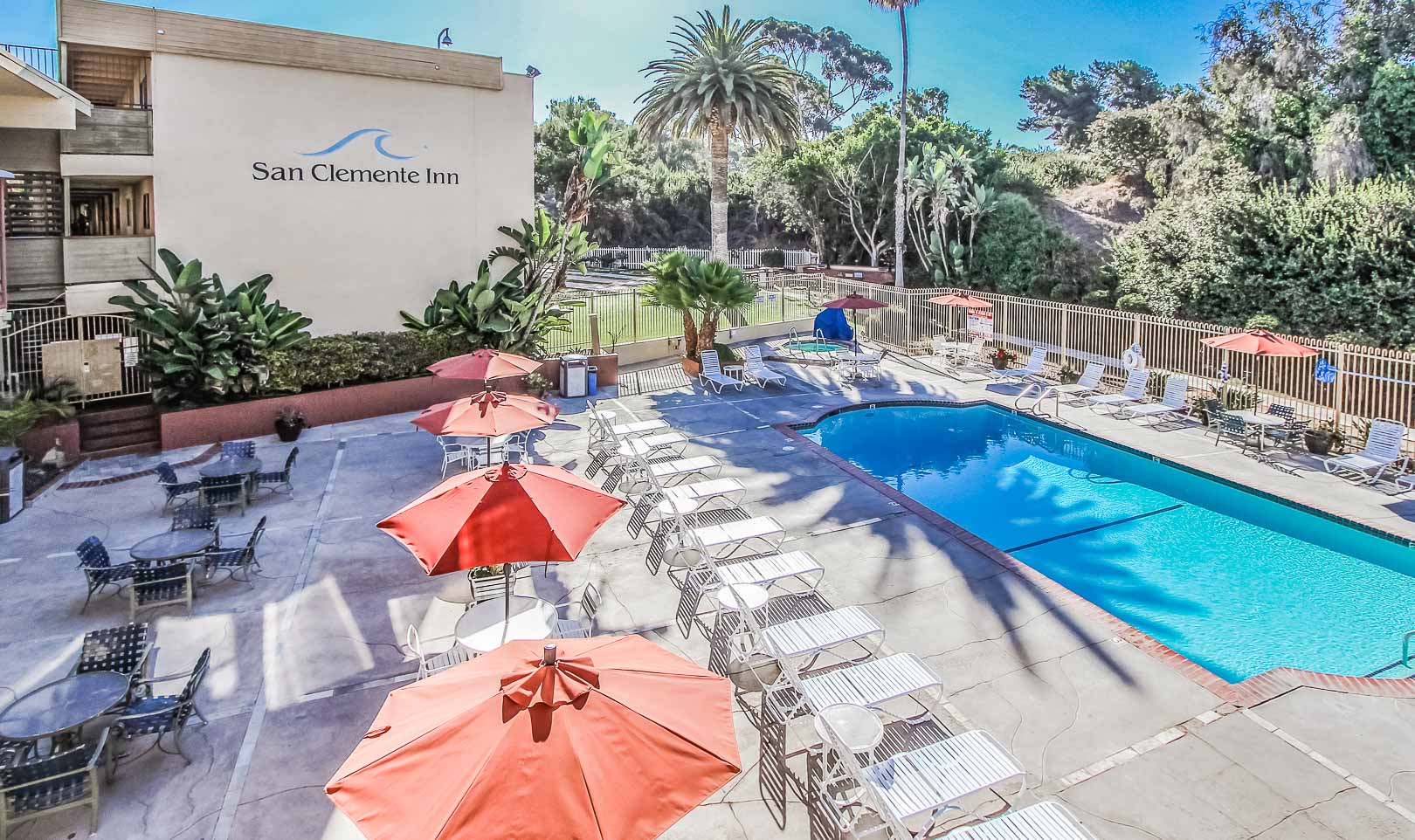 A crisp outdoor swimming pool at VRI's San Clemente Inn in California.